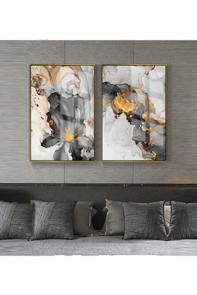 Harikabirev HARİKABİREV|GOLD-SİYAH EN SEVİLEN SOYUT ŞEKİLLER|ÇERÇEVELİ CAM TABLO 2Lİ DİKEY ürün görseli