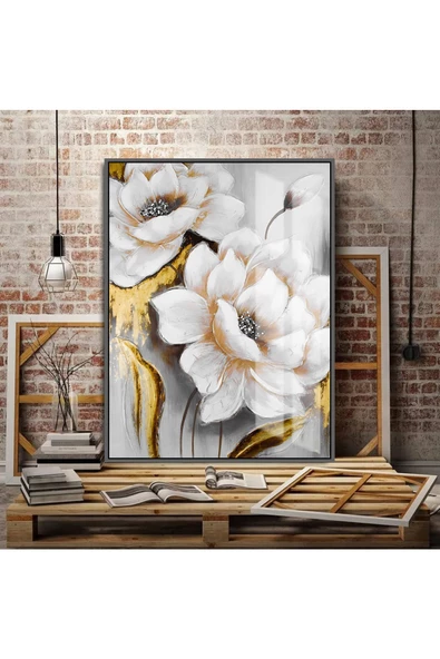 Harikabirev HARİKABİREV|GOLD-GRİ SEVİLEN ÇİÇEK TABLOSU 03 |ÇERÇEVELİ TEMPERLİ CAM TABLO TEKLİ DİKEY ürün görseli