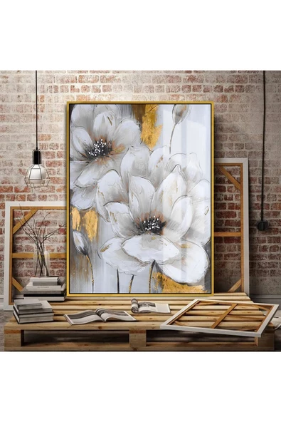 Harikabirev HARİKABİREV|GOLD-GRİ SEVİLEN ÇİÇEK TABLOSU 04 |ÇERÇEVELİ TEMPERLİ CAM TABLO TEKLİ DİKEY ürün görseli