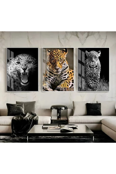 Harikabirev HARİKABİREV|ASLAN-KAPLAN-LEOPAR TABLOSU 02|ÇERÇEVELİ TEMPERLİ CAM TABLO 3LÜ DİKEY ürün görseli