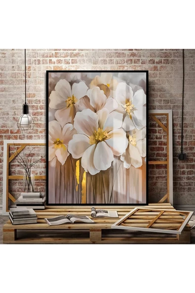Harikabirev HARİKABİREV|GOLD-GRİ SEVİLEN ÇİÇEK TABLOSU 07 |ÇERÇEVELİ TEMPERLİ CAM TABLO TEKLİ DİKEY ürün görseli