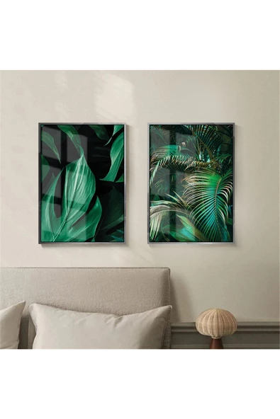 Harikabirev HARİKABİREV|YEŞİL RENK YAPRAK KOMBİNİ |ÇERÇEVELİ CAM TABLO 2Lİ DİKEY ürün görseli