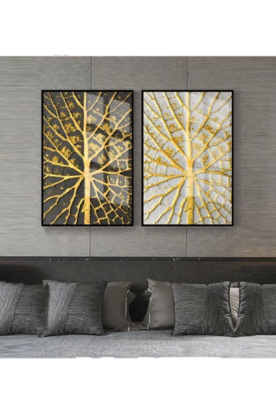 Harikabirev HARİKABİREV|GRİ-GOLD KOMBİNİ SOYUT ŞEKİLER 3 |ÇERÇEVELİ CAM TABLO 2Lİ DİKEY ürün görseli