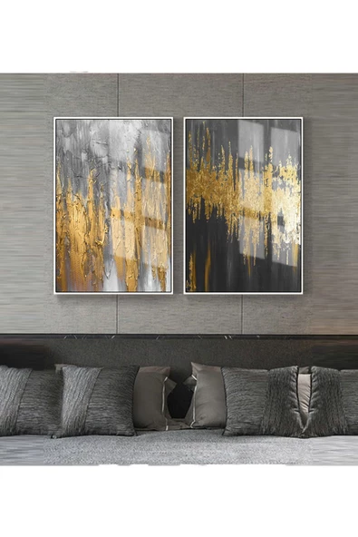Harikabirev HARİKABİREV|GRİ-GOLD KOMBİNİ SOYUT ŞEKİLER 4 |ÇERÇEVELİ CAM TABLO 2Lİ DİKEY ürün görseli