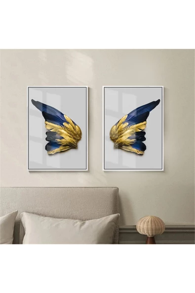 Harikabirev HARİKABİREV|GOLD LACİVERT RENK KELEBEK KANADI|ÇERÇEVELİ CAM TABLO 2Lİ DİKEY ürün görseli