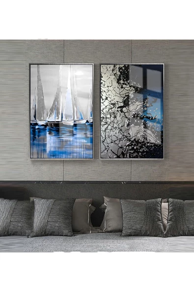 Harikabirev HARİKABİREV|LACİVERT-GRİ KOMBİNİ KAYIK-SOYUT KOMBİNİ |ÇERÇEVELİ CAM TABLO 2Lİ DİKEY ürün görseli