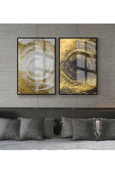 Harikabirev HARİKABİREV|GRİ-GOLD KOMBİNİ SOYUT ŞEKİLER 2 |ÇERÇEVELİ CAM TABLO 2Lİ DİKEY