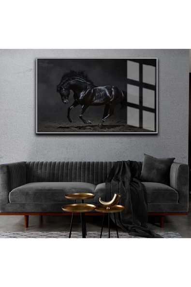 Harikabirev HARİKABİREV|SİYAH AT TABLOSU|ÇERÇEVELİ CAM TABLO TEKLİ YATAY ürün görseli