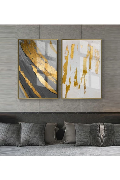 Harikabirev HARİKABİREV|GRİ-GOLD KOMBİNİ SOYUT ŞEKİLER 5 |ÇERÇEVELİ CAM TABLO 2Lİ DİKEY ürün görseli