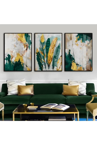 Harikabirev HARİKABİREV|ZÜMRÜT-GOLD KOMBİNİ TÜY-SOYUT KOMBİNİ|ÇERÇEVELİ TEMPERLİ CAM TABLO 3LÜ DİKEY ürün görseli