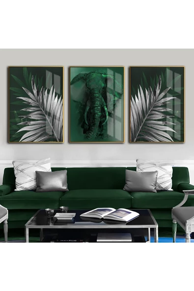 Harikabirev HARİKABİREV|ZÜMRÜT-GÜMÜŞ KOMBİNİ FİL-TÜY KOMBİN|ÇERÇEVELİ TEMPERLİ CAM TABLO 3LÜ DİKEY ürün görseli