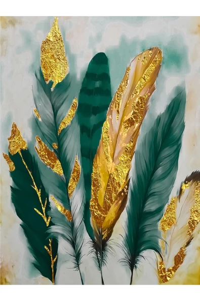 Harikabirev HARİKABİREV|ZÜMRÜT-GOLD KOMBİNİ TÜY-SOYUT KOMBİNİ|ÇERÇEVELİ TEMPERLİ CAM TABLO 3LÜ DİKEY - Resim 2