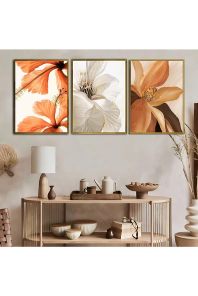 Harikabirev HARİKABİREV|SOFT-TURUNCU ÇİÇEK KOMBİNİ |ÇERÇEVELİ TEMPERLİ CAM TABLO 3LÜ DİKEY ürün görseli