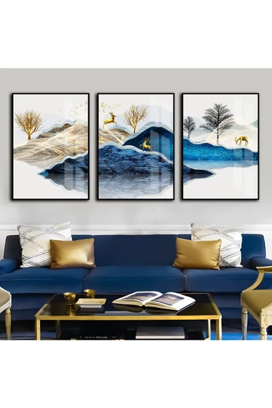 Harikabirev HARİKABİREV|LACİVERT-GOLD KOMBİNİ 2 GEYİK KOMBİNİ |ÇERÇEVELİ TEMPERLİ CAM TABLO 3LÜ DİKEY ürün görseli