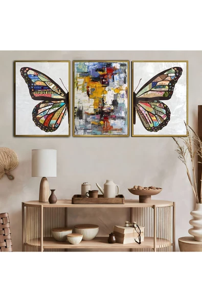 Harikabirev HARİKABİREV|VEKTÖREL KOMBİN KELEBEK-SOYUT |ÇERÇEVELİ TEMPERLİ CAM TABLO 3LÜ DİKEY ürün görseli