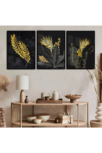 Harikabirev HARİKABİREV|GOLD-SİYAH ÇİÇEK KOMBİNİ 9 |ÇERÇEVELİ TEMPERLİ CAM TABLO 3LÜ DİKEY ürün görseli