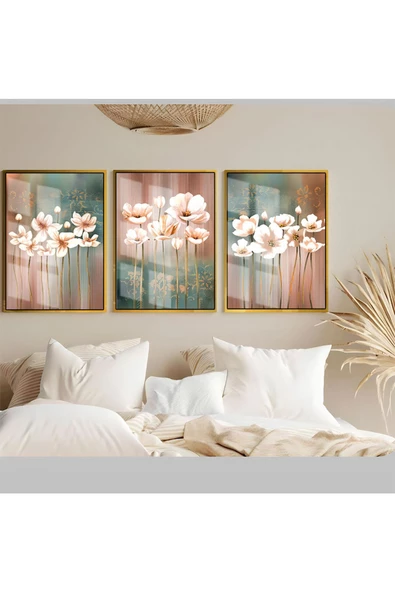 Harikabirev HARİKABİREV|SOFT YEŞİL-KAHVERENGİ EN ŞIK ÇİÇEK KOMBİNİ|ÇERÇEVELİ TEMPERLİ CAM TABLO 3LÜ DİKEY ürün görseli