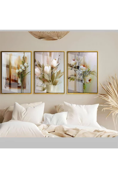 Harikabirev HARİKABİREV|SOFT RENK ÇİÇEKLER|ÇERÇEVELİ TEMPERLİ CAM TABLO 3LÜ DİKEY ürün görseli