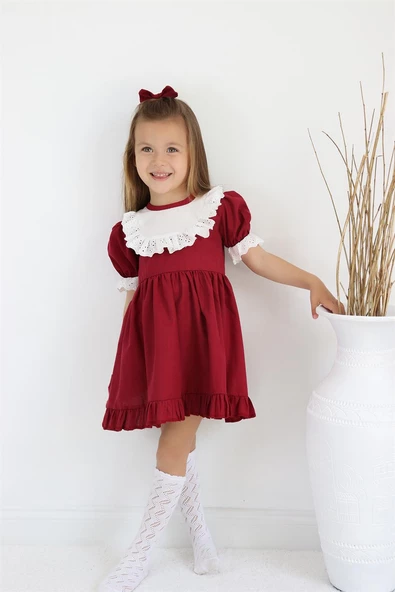 Kız Çocuk Bordo Ruby Fırfırlı Dantel Detaylı Kısa Kollu Elbise Bandana Takım ELB-0070.6 - Resim 5