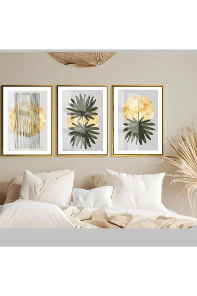 Harikabirev HARİKABİREV|SOFT-GOLD EN ŞIK SOYUT KOMBİNİ|ÇERÇEVELİ TEMPERLİ CAM TABLO 3LÜ DİKEY ürün görseli