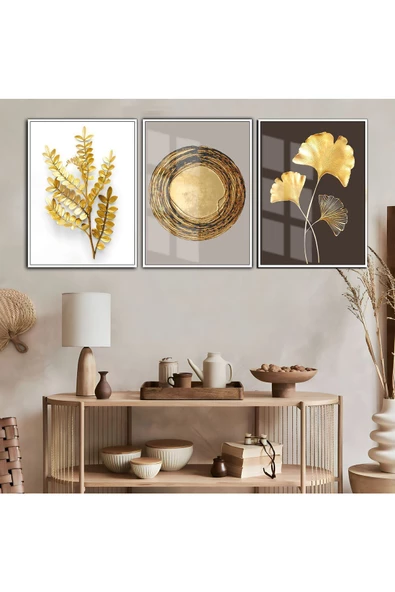 Harikabirev HARİKABİREV|GOLD-KAHVERENGİ ÇİÇEK SOYUT YAPRAK KOMBİNİ|ÇERÇEVELİ TEMPERLİ CAM TABLO 3LÜ DİKEY ürün görseli