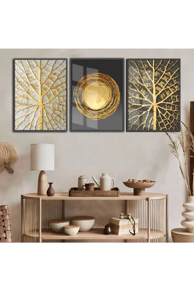 Harikabirev HARİKABİREV|SİYAH-GOLD SOYUT KOMBİNİ|ÇERÇEVELİ TEMPERLİ CAM TABLO 3LÜ DİKEY ürün görseli