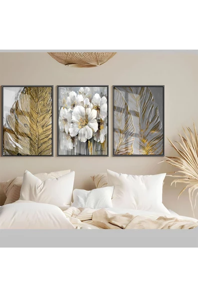 Harikabirev HARİKABİREV|SOFT-GOLD ÇİÇEK-SOYUT KOMBİNİ|ÇERÇEVELİ TEMPERLİ CAM TABLO 3LÜ DİKEY