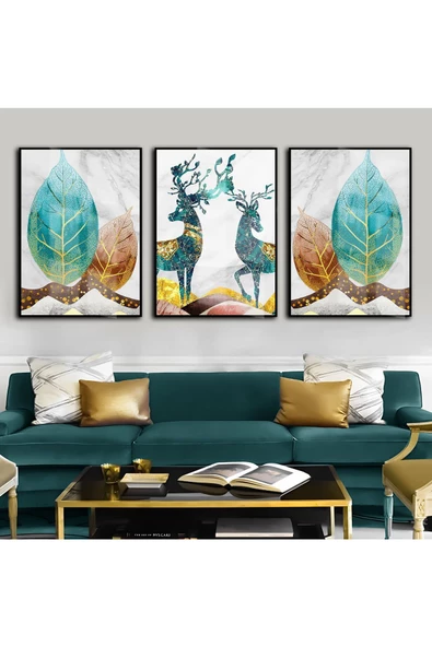 Harikabirev |turkuaz-gold En Şık Çiçek-geyik Kombini |çerçeveli Temperli Cam Tablo 3lü Dikey ürün görseli