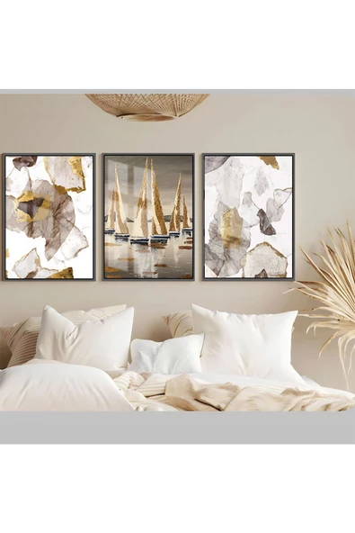 Harikabirev HARİKABİREV|SOFT-BEYAZ-GOLD KAYIK-SOYUT KOMBİNİ|ÇERÇEVELİ TEMPERLİ CAM TABLO 3LÜ DİKEY ürün görseli