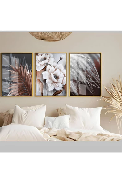 Harikabirev HARİKABİREV|SOFT-BRONZ ÇİÇEK YAPRAK TÜY KOMBİNİ|ÇERÇEVELİ TEMPERLİ CAM TABLO 3LÜ DİKEY ürün görseli
