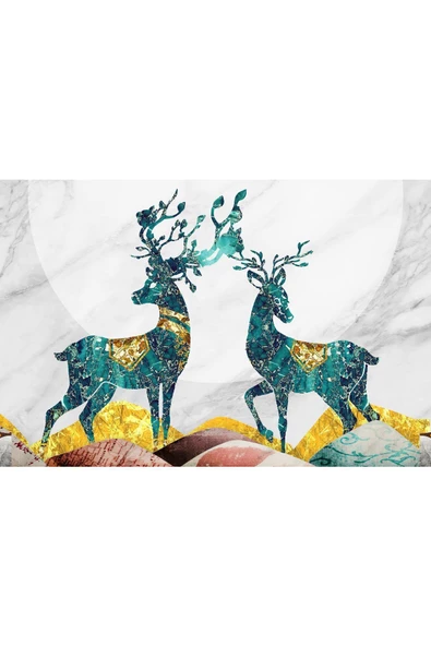 Harikabirev |turkuaz-gold En Şık Çiçek-geyik Kombini |çerçeveli Temperli Cam Tablo 3lü Dikey - Resim 3