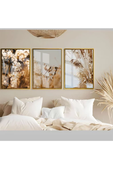 Harikabirev HARİKABİREV|SOFT-BEYAZ EN ŞIK ÇİÇEK KOMBİNİ 5|ÇERÇEVELİ TEMPERLİ CAM TABLO 3LÜ DİKEY ürün görseli