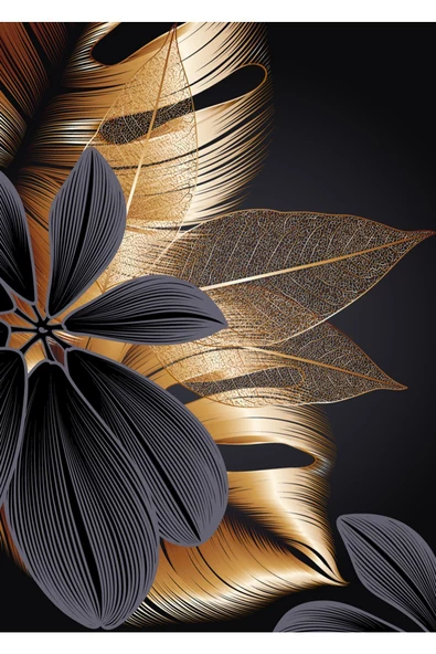 Harikabirev HARİKABİREV|SİYAH-GOLD EN ŞIK ÇİÇEK KOMBİNİ|ÇERÇEVELİ TEMPERLİ CAM TABLO 3LÜ DİKEY - Resim 5