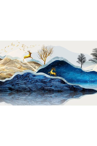 Harikabirev HARİKABİREV|LACİVERT-GOLD KOMBİNİ ÇİÇEK-GEYİK KOMBİNİ |ÇERÇEVELİ TEMPERLİ CAM TABLO 3LÜ YATAY - Resim 4