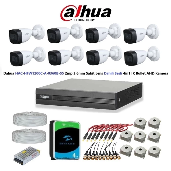 Dahua 2mp 8 kameralı Dış Ortam Dahili Sesli Full Kamera Seti 4TB Disk HAC-HFW1200C-A-0360B
