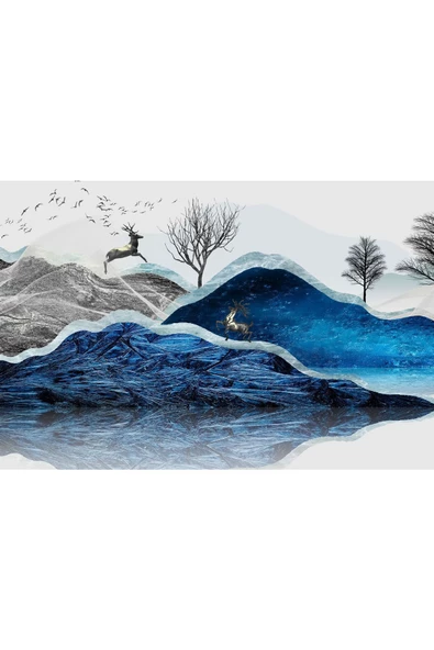 Harikabirev HARİKABİREV|LACİVERT-GÜMÜŞ KOMBİNİ ÇİÇEK-GEYİK KOMBİNİ |ÇERÇEVELİ TEMPERLİ CAM TABLO 3LÜ YATAY - Resim 4