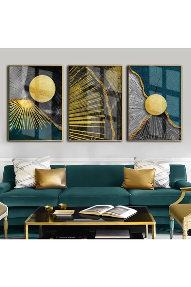 Harikabirev HARİKABİREV|TURKUAZ-GOLD EN ŞIK SOYUT KOMBİNİ|ÇERÇEVELİ TEMPERLİ CAM TABLO 3LÜ DİKEY ürün görseli