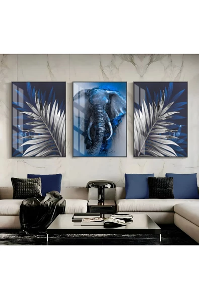 Harikabirev HARİKABİREV|LACİVERT-GÜMÜŞ 5 ŞIK FİL YAPRAK|ÇERÇEVELİ TEMPERLİ CAM TABLO 3LÜ DİKEY ürün görseli