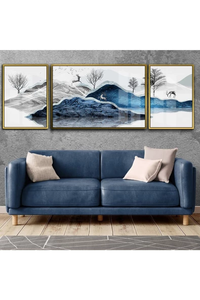 Harikabirev HARİKABİREV|LACİVERT-GÜMÜŞ KOMBİNİ ÇİÇEK-GEYİK KOMBİNİ |ÇERÇEVELİ TEMPERLİ CAM TABLO 3LÜ YATAY ürün görseli