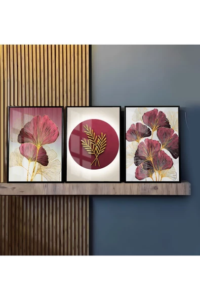 Harikabirev HARİKABİREV|PEMBE-GOLD EN ŞIK ÇİÇEK KOMBİNİ 2|ÇERÇEVELİ TEMPERLİ CAM TABLO 3LÜ DİKEY - Resim 2