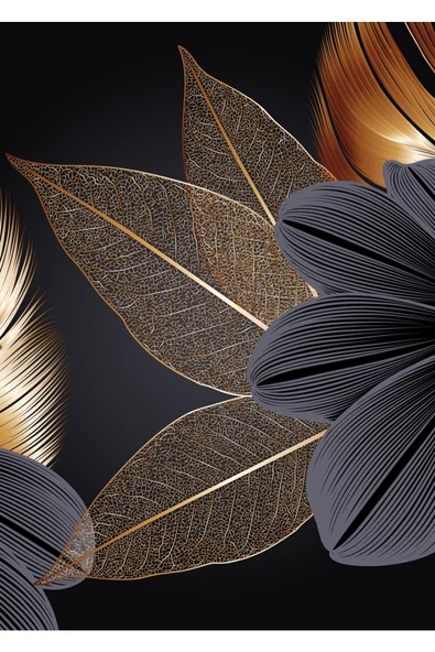 Harikabirev HARİKABİREV|SİYAH-GOLD EN ŞIK ÇİÇEK KOMBİNİ|ÇERÇEVELİ TEMPERLİ CAM TABLO 3LÜ DİKEY - Resim 4