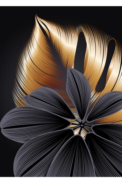 Harikabirev HARİKABİREV|SİYAH-GOLD EN ŞIK ÇİÇEK KOMBİNİ|ÇERÇEVELİ TEMPERLİ CAM TABLO 3LÜ DİKEY - Resim 3