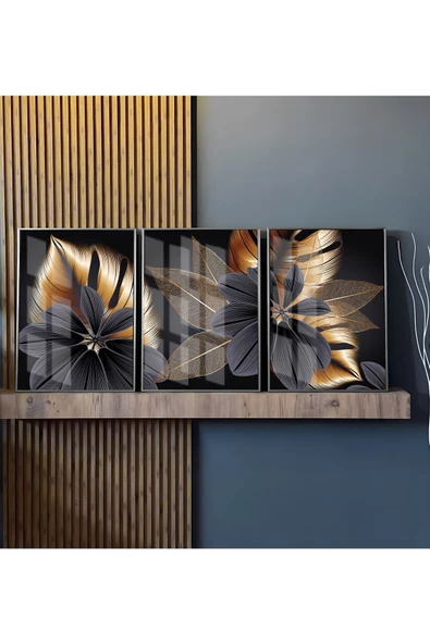Harikabirev HARİKABİREV|SİYAH-GOLD EN ŞIK ÇİÇEK KOMBİNİ|ÇERÇEVELİ TEMPERLİ CAM TABLO 3LÜ DİKEY - Resim 2