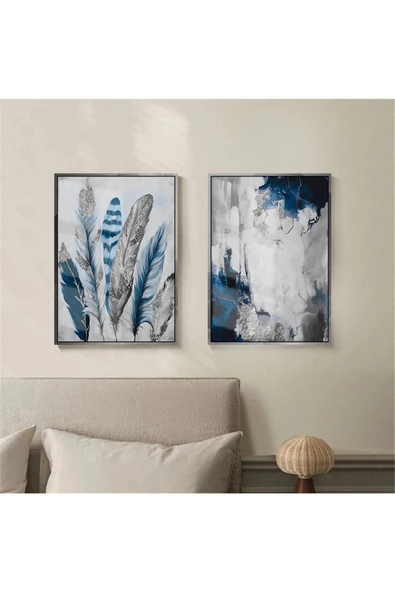 Harikabirev |lacivert Gümüş Kombini Lacivert Tüy Ve Sağ |çerçeveli Temperli Cam Tablo 2li Dikey ürün görseli