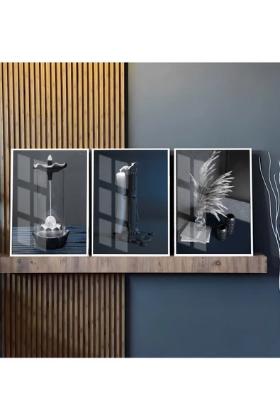 Harikabirev HARİKABİREV|LACİVERT-GÜMÜŞ 8 ŞIK MUM VE TÜTSÜ |ÇERÇEVELİ TEMPERLİ CAM TABLO 3LÜ DİKEY - Resim 2