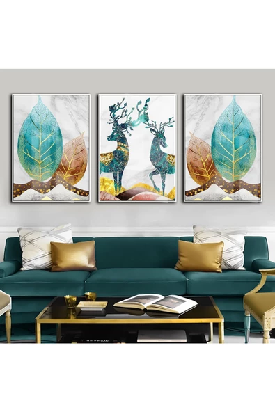 Harikabirev |turkuaz-gold En Şık Çiçek-geyik Kombini |çerçeveli Temperli Cam Tablo 3lü Dikey ürün görseli