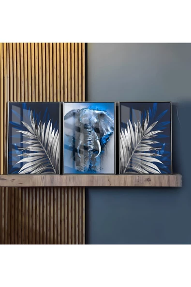 Harikabirev HARİKABİREV|LACİVERT-GÜMÜŞ 5 ŞIK FİL YAPRAK|ÇERÇEVELİ TEMPERLİ CAM TABLO 3LÜ DİKEY - Resim 2