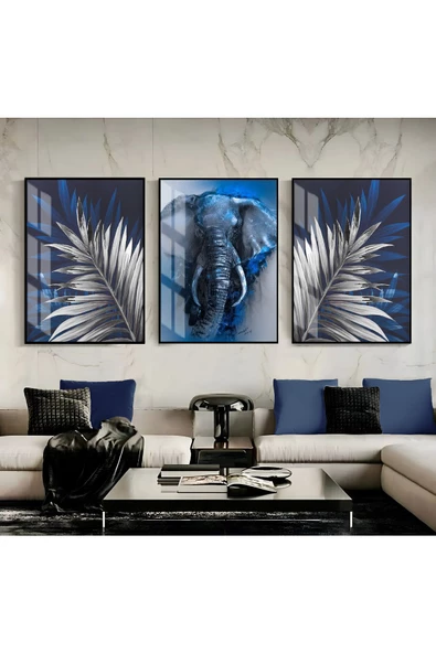 Harikabirev HARİKABİREV|LACİVERT-GÜMÜŞ 5 ŞIK FİL YAPRAK|ÇERÇEVELİ TEMPERLİ CAM TABLO 3LÜ DİKEY ürün görseli