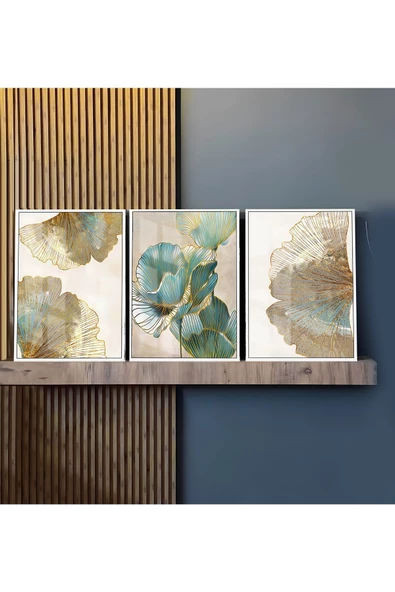 Harikabirev | Turkuaz-gold Sonsuzluk Çiçeği Kombini 2|çerçeveli Temperli Cam Tablo 3lü Dikey - Resim 2