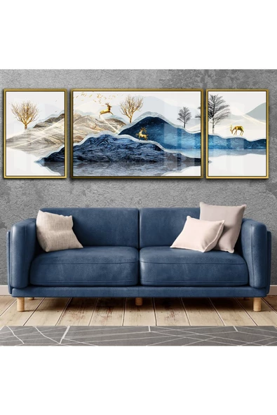 Harikabirev HARİKABİREV|LACİVERT-GOLD KOMBİNİ ÇİÇEK-GEYİK KOMBİNİ |ÇERÇEVELİ TEMPERLİ CAM TABLO 3LÜ YATAY ürün görseli